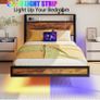 Single Bed Frame with Charging Station and LED Lights, Wood Headboard Image 4