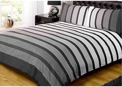 Black Stripe Duvet Cover Quilt Bedding Set, Black White Grey, Double Size by Rapport