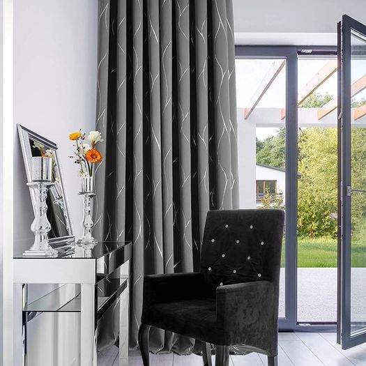 MULTIPLE SIZES AVAILABLE Blackout Curtains, Thermal Insulated Curtains, Wave Line Foil Printed Ring Top Curtains for Girls Bedroom, 46 x 54 Inch(Width x Length), Light grey, 2 panels (FREE SHIPPING)