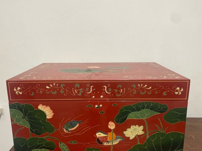 Large Chinese Style Red Lacquered Storage Chest, Hand Painted Design