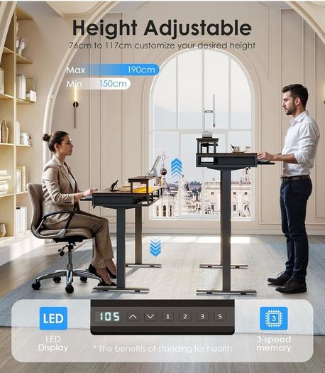 Standing Desk with Keyboard Tray & Storage Drawers, 120cm Height Adjustable Desk with Monitor Stand, LED Lights, Power Outlet and USB Ports for Home Office, Rustic Brown