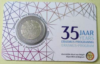 Belgium 2 Euro Commemorative Coin 2022 - Erasmus. BU. Coincard.