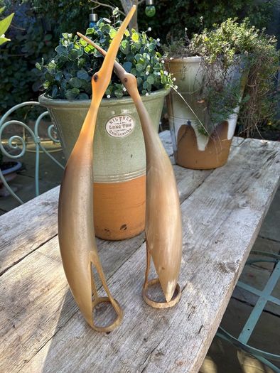 MID CENTURYPAIR OF CRANES hand carved Buffalo / cow horn