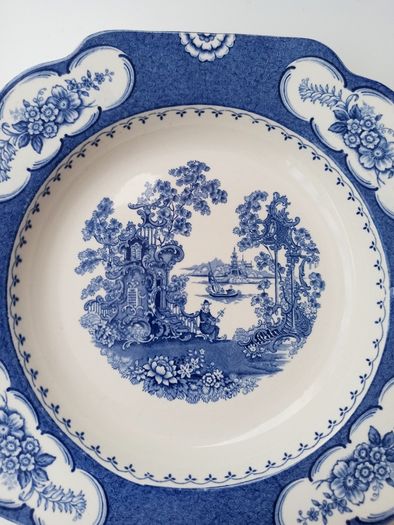 Two Vintage Adams Aladdin pattern  blue and white oriental scene shallow plates  D 22.5cm