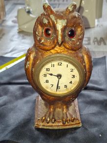 Rare Antique Cold Painted Bronze Clock in form of an Owl. The decorative dial sits in the owls belly and has wind up movement,