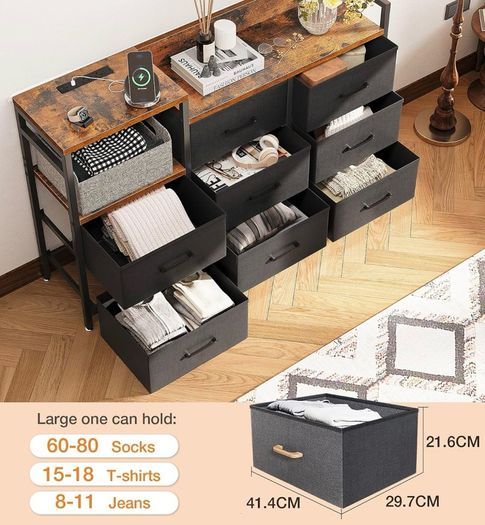Chest of Drawers Bedroom, 8 Fabric Drawers, Retro Color, 30x132x88cm Contains 2 USB & 2 AC Ports Sockets, Storage Dresser with 8 Fabric Drawers Suitable for Bedrooms, Living Rooms