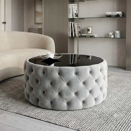 Round Velvet Coffee Table  Tinted Glass Top