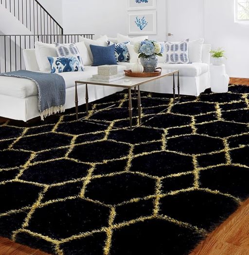 120x180cm Black and Gold Rugs Living Room, Machine Washable Non-Shedding Non Slip Rug, Thick Soft Fluffy Carpet, Geometric Rugs for Kids Room, Kitchen, Lounge, Bedside