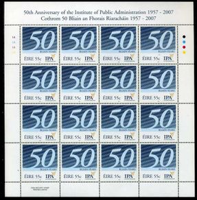 2007 Ireland 50th Anniversary of the IPA Institute of Public Administration Commemorative Stamp Sheetlet Plate 1A1A1A1A Mint Never Hinged (MNH)