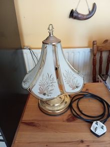 Vintage Glass Paneled Brass Plated Lamp Floral White Gold 39cm Tall