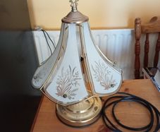 Vintage Glass Paneled Brass Plated Lamp Floral White Gold 39cm Tall