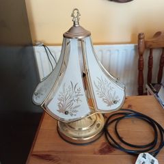Vintage Glass Paneled Brass Plated Lamp Floral White Gold 39cm Tall