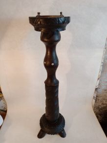 Vintage Hand Carved Wood Floor Ashtray. Brass Insert.