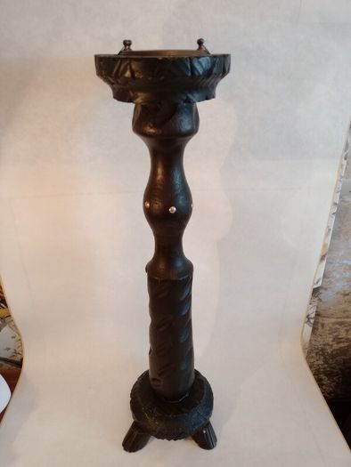 Vintage Hand Carved Wood Floor Ashtray. Brass Insert.