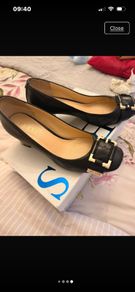 Guess Black Leather Block Heels Gold Detsil
