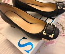 Guess Black Leather Block Heels Gold Detsil