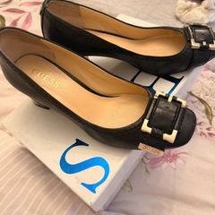 Guess Black Leather Block Heels Gold Detsil
