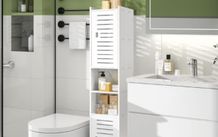 Floor Free Standing Display Cabinet, Slim Storage Furniture Organizer Unit for Office Living Room Kitchen Entryway Toilet Paper, White