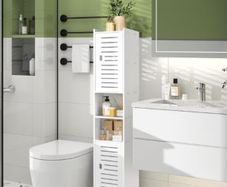 Floor Free Standing Display Cabinet, Slim Storage Furniture Organizer Unit for Office Living Room Kitchen Entryway Toilet Paper, White