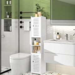 Floor Free Standing Display Cabinet, Slim Storage Furniture Organizer Unit for Office Living Room Kitchen Entryway Toilet Paper, White