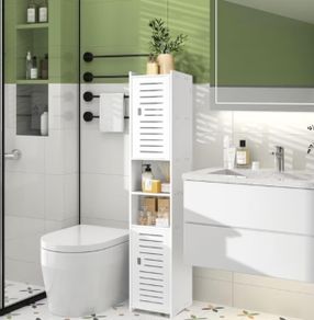 Floor Free Standing Display Cabinet, Slim Storage Furniture Organizer Unit for Office Living Room Kitchen Entryway Toilet Paper, White