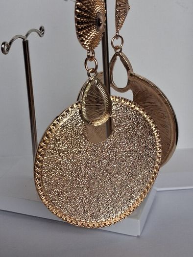 Gold Sunburst Hammered Round Disc Drop Earrings