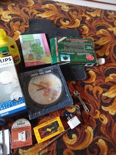 Garage & Household Clearance Job Lot. Vintage Lights, Darts, Clock & Storage Tub