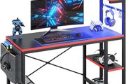 113CM Reversible Corner Gaming Desk with RGB LED Lights, Black Carbon Fibre Surface, Storage Shelves, Side Pocket &amp; Hooks, Compact Computer Desk for Small Spaces &amp; Home Office