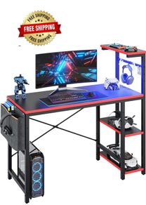 113CM Reversible Corner Gaming Desk with RGB LED Lights, Black Carbon Fibre Surface, Storage Shelves, Side Pocket & Hooks, Compact Computer Desk for Small Spaces & Home Office