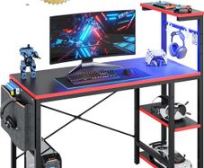 113CM Reversible Corner Gaming Desk with RGB LED Lights, Black Carbon Fibre Surface, Storage Shelves, Side Pocket & Hooks, Compact Computer Desk for Small Spaces & Home Office