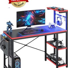 113CM Reversible Corner Gaming Desk with RGB LED Lights, Black Carbon Fibre Surface, Storage Shelves, Side Pocket & Hooks, Compact Computer Desk for Small Spaces & Home Office