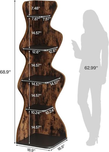 5 Tier Corner Shelf, Wooden Corner Bookcase, Freestanding Display Storage Shelf, Plant Stand for Living Room, Bedroom & Small Spaces