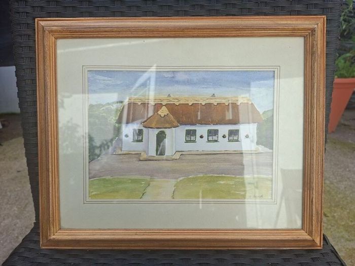 Lovely Traditional Irish thatched cottage framed & signed Watercolour Painting