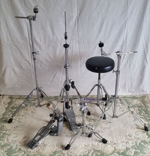 Drum Hardware Set - throne, bass drum pedal, hi hat stand, boom cymbal stands and snare stand