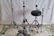 Drum Hardware Set - throne, bass drum pedal, hi hat stand, boom cymbal stands and snare stand
