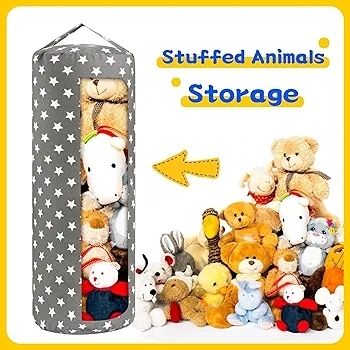 Stuffed Animal Storage Bean Bag Cover for Kids Plush Toys Organizer Bags for Boys and Girls A Full-length Zipper Cylinder Room Furniture Decor - Organize, Sit, Play & Box (Grey Stars)