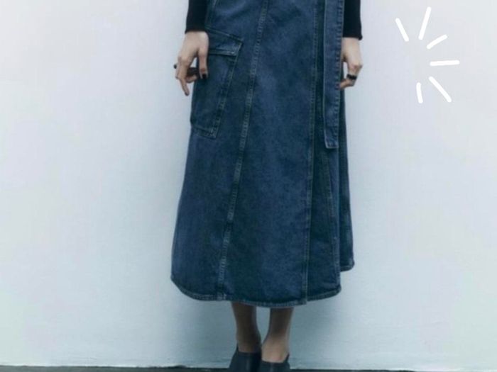 Zara Mid Blue Denim Utility Cargo Pocket Belted D-Ring Midi Skirt Size S