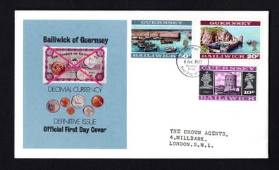 1971 Guernsey High Value Definitive Stamps for decimal Currency First Day Cover (FDC)