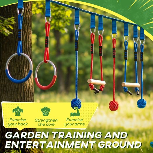 Ninja Line Kids 10m 9-piece Slackline Set with 2 Gym Rings 3-in-1 Swing 2 Climbing Bars for 3-8 Years Multicolored