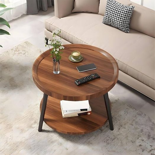 Modern Round Coffee Table with 2 Tier Storage Shelf Stylish Wooden Center Table Versatile Sofa Side Table Nightstand for Living Room & Home Office Brown
