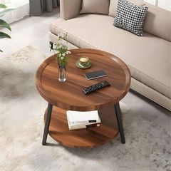 Modern Round Coffee Table with 2 Tier Storage Shelf Stylish Wooden Center Table Versatile Sofa Side Table Nightstand for Living Room & Home Office Brown
