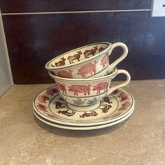 Early Emma Bridgewater Spongeware Pigs & Cows Cups & Saucers, Set of 2