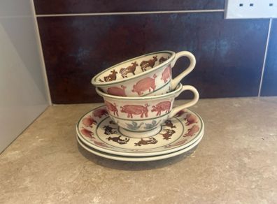 Early Emma Bridgewater Spongeware Pigs & Cows Cups & Saucers, Set of 2
