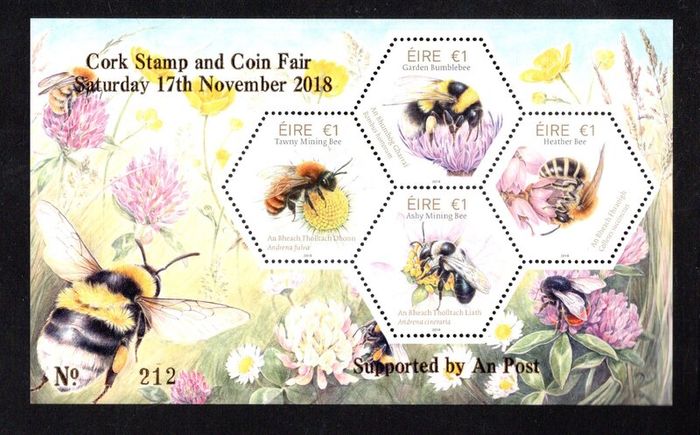2018 Ireland Cork Stamp and Coin Exhibition 17th November 2018 Exhibition Miniature Sheet on  Fauna & Flora Native Irish Bees Commemorative Stamp Miniature Sheet Mint Never Hinged (MNH) No 212