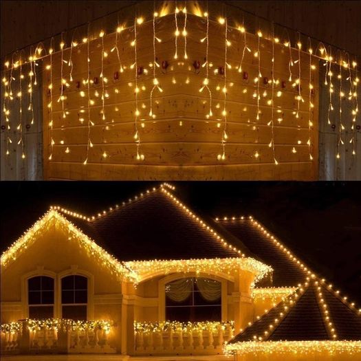 Icicle Lights Outdoor, 46ft 480 LED Window Curtain Lights Mains Powered Warm White 8 Modes Waterproof Christmas Fairy String Lights for Garden Xmas Party Outside Decorations, White Cable