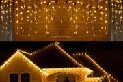 Icicle Lights Outdoor, 46ft 480 LED Window Curtain Lights Mains Powered Warm White 8 Modes Waterproof Christmas Fairy String Lights for Garden Xmas Party Outside Decorations, White Cable