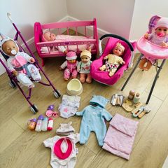 Large Baby Doll Bundle: 6 Dolls, Cot, Car Seat, Highchair, Stroller, & Accessories