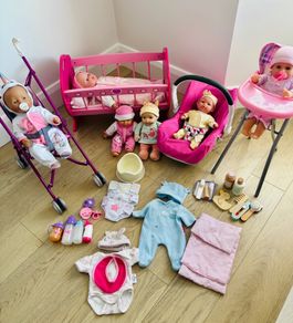 Large Baby Doll Bundle: 6 Dolls, Cot, Car Seat, Highchair, Stroller, & Accessories