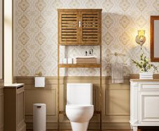 Bathroom Storage Shelf with Cabinet, Bamboo Over-The-Toilet Organizer Rack, Freestanding Toilet Space Saver with 3-Tier Adjustable Shelves Walnut