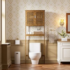 Bathroom Storage Shelf with Cabinet, Bamboo Over-The-Toilet Organizer Rack, Freestanding Toilet Space Saver with 3-Tier Adjustable Shelves Walnut